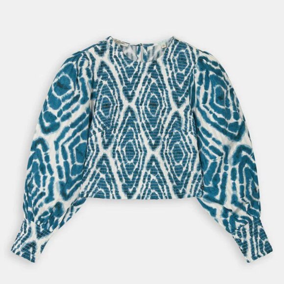 SCOTCH & SODA Smocked Long Sleeve Top Blouse US Size 10 L Bow Back Teal Tie Dye - Picture 2 of 11